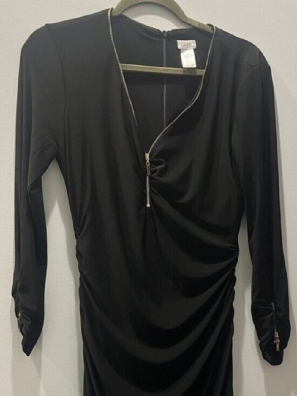 Cache Y2K Black Ruched Long Sleeve Gold Zip Dress Size M - Picture 10 of 10